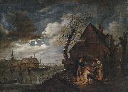 Aert van der Neer Hollandische Kanallandschaft bei Mondschein mit Schlittschuhlaufern und einem Lagerfeuer, an dem sich Bauern warmen oil painting